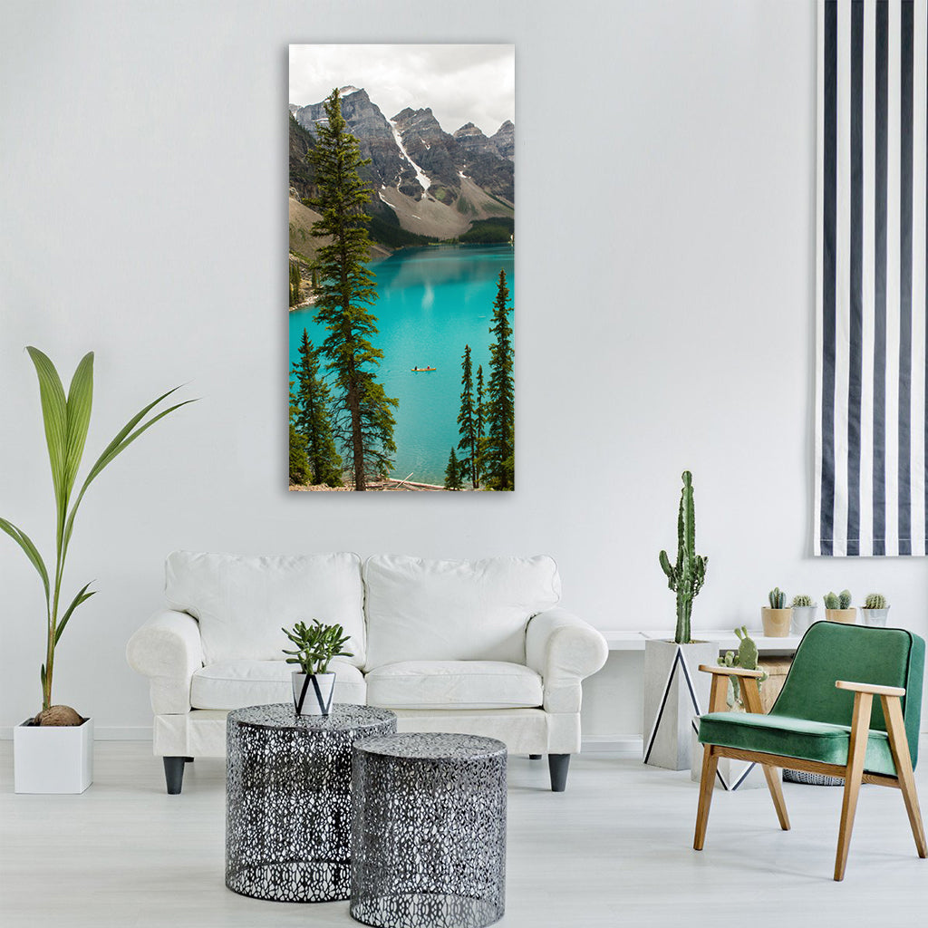 lake blue water green trees plant Vertical Canvas Wall Art