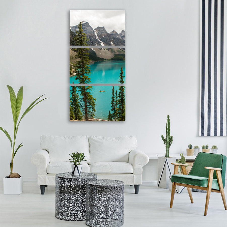lake blue water green trees plant Vertical Canvas Wall Art