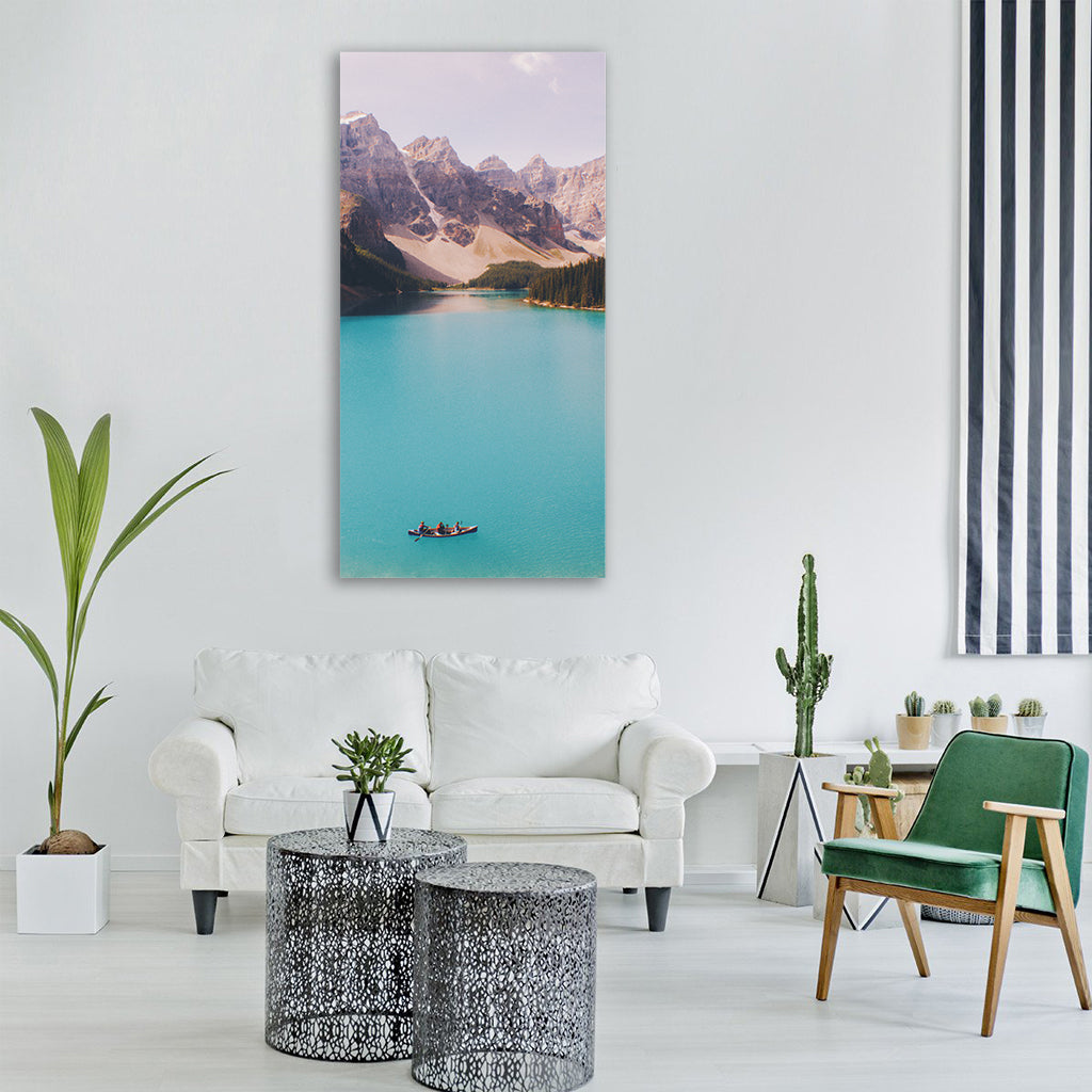 lake blue water green trees Vertical Canvas Wall Art