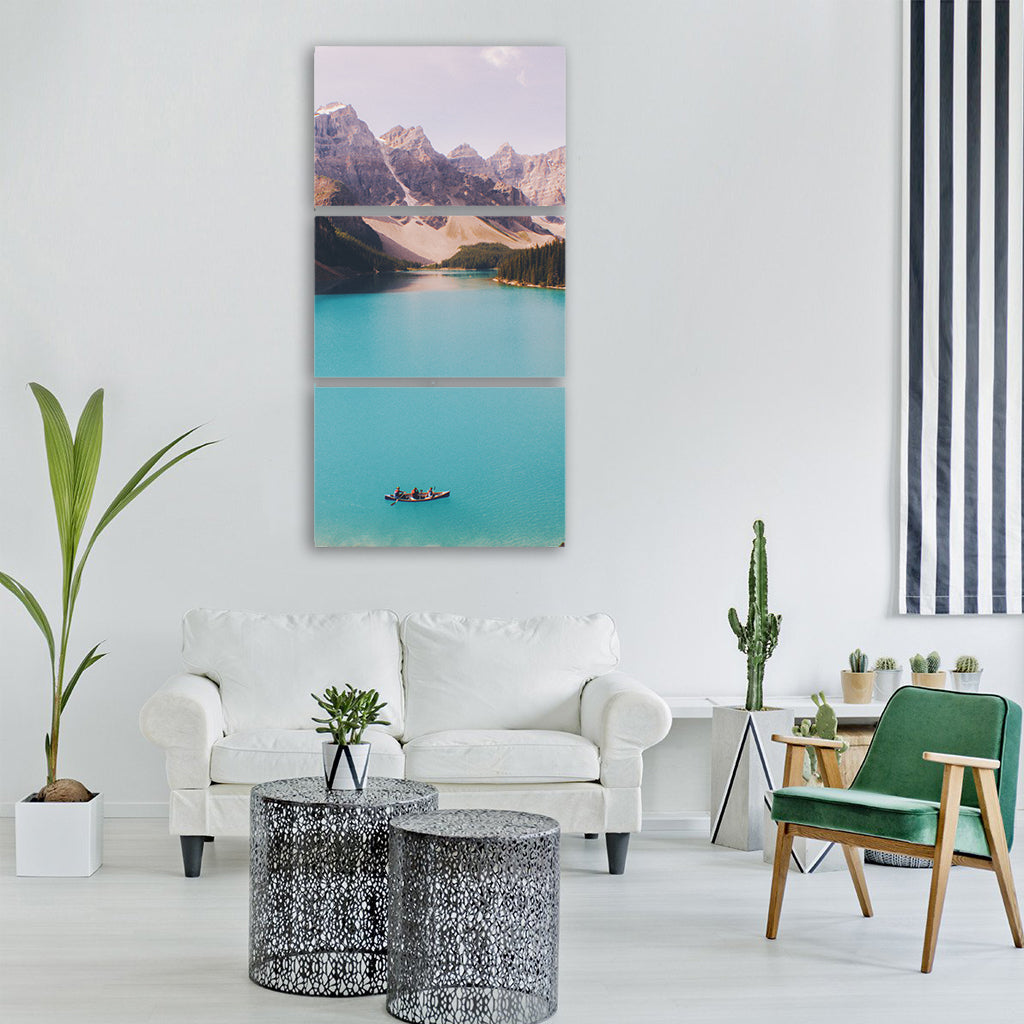 lake blue water green trees Vertical Canvas Wall Art