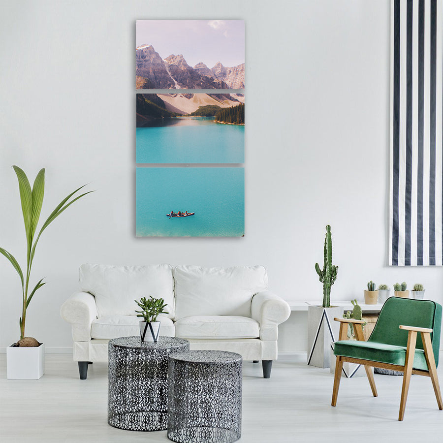 lake blue water green trees Vertical Canvas Wall Art