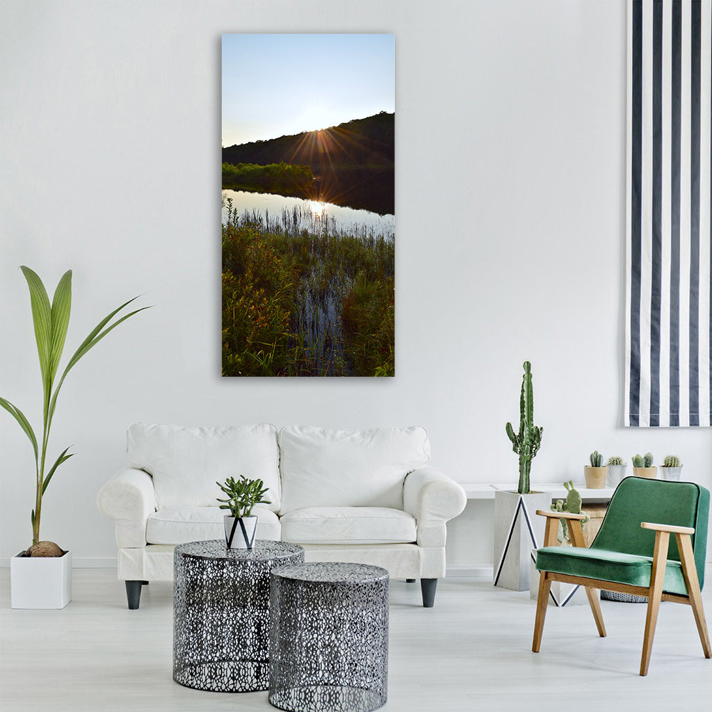 lake reflection park trees blue Vertical Canvas Wall Art