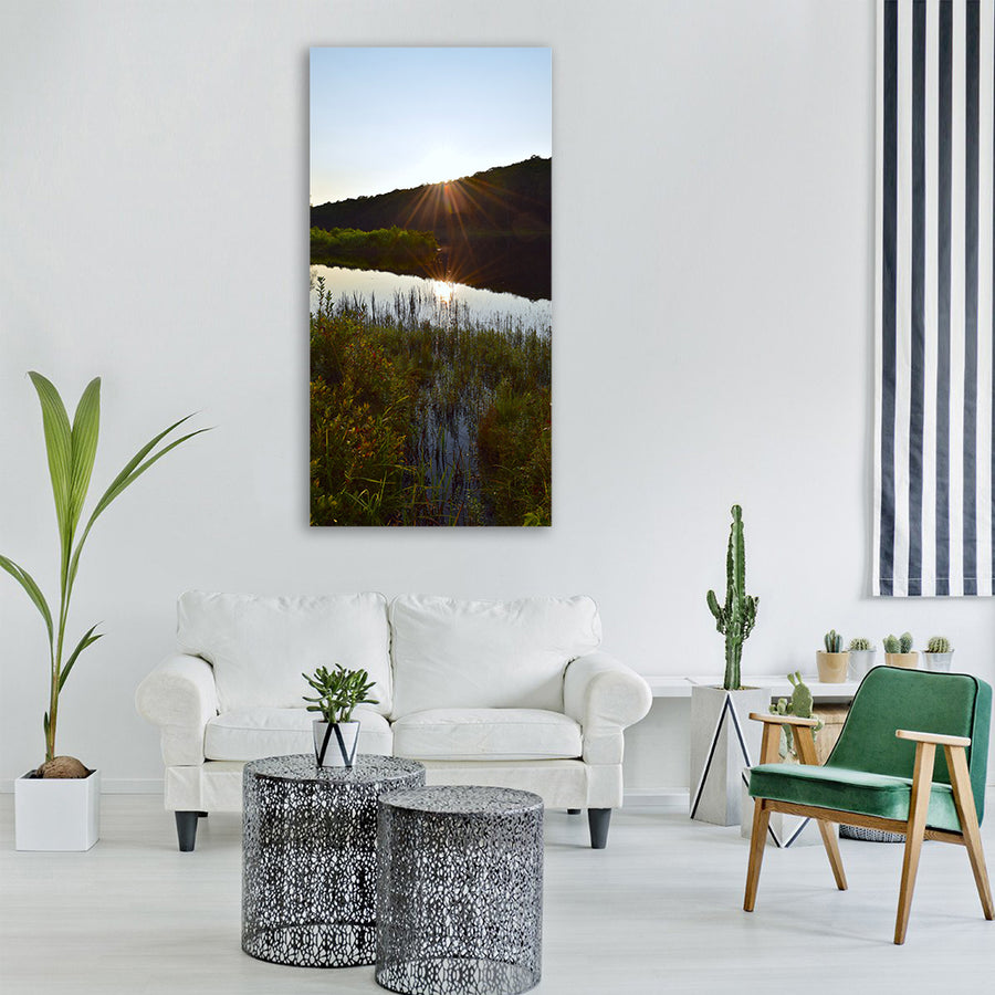 lake reflection park trees blue Vertical Canvas Wall Art