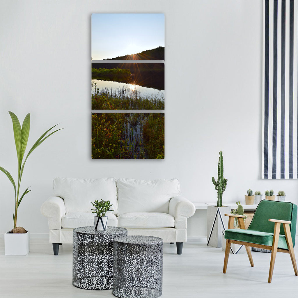 lake reflection park trees blue Vertical Canvas Wall Art