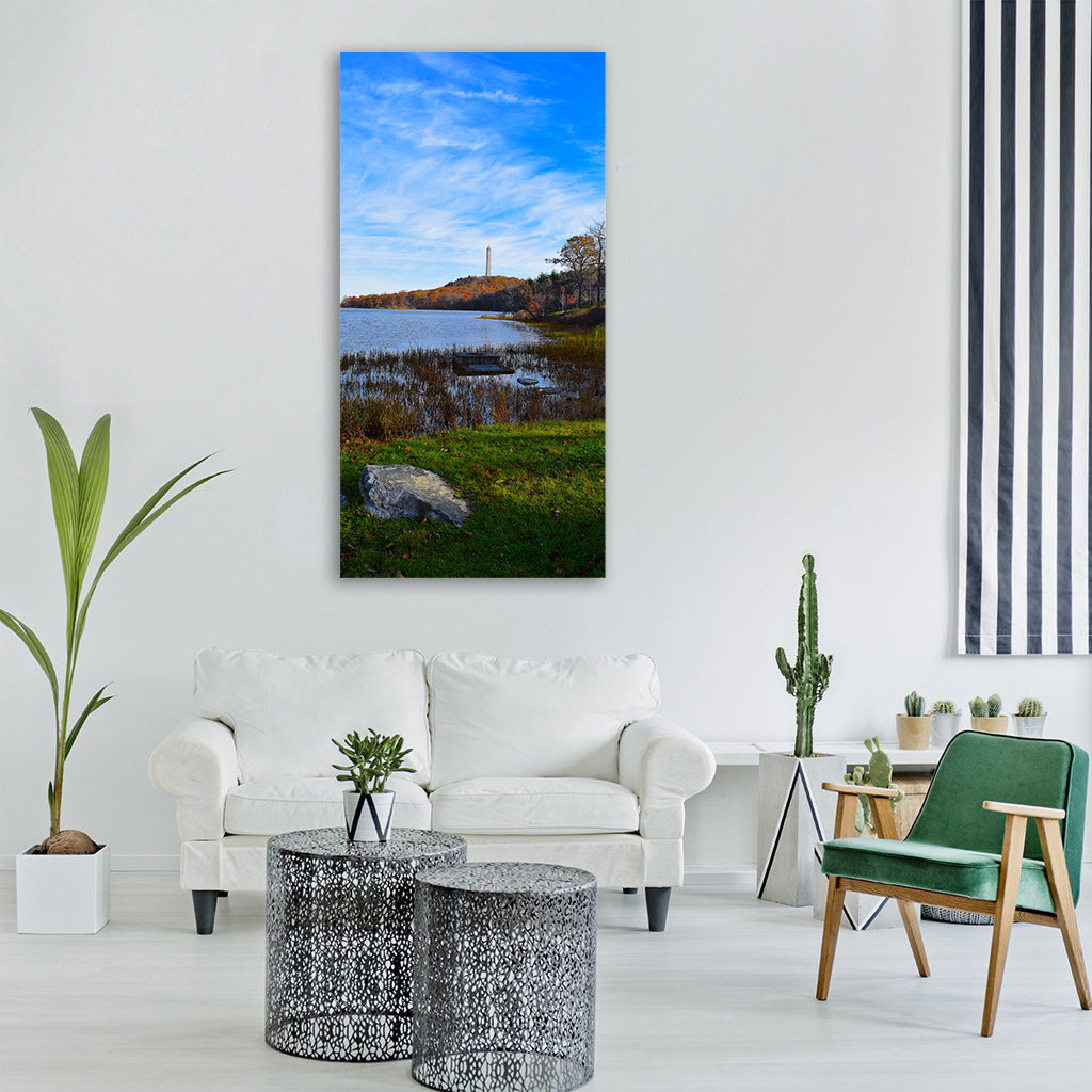 lake shore trees nature grass Vertical Canvas Wall Art