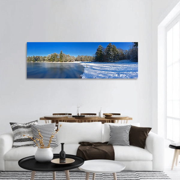 Lake Winter Snow Trees  Panoramic Canvas Wall Art