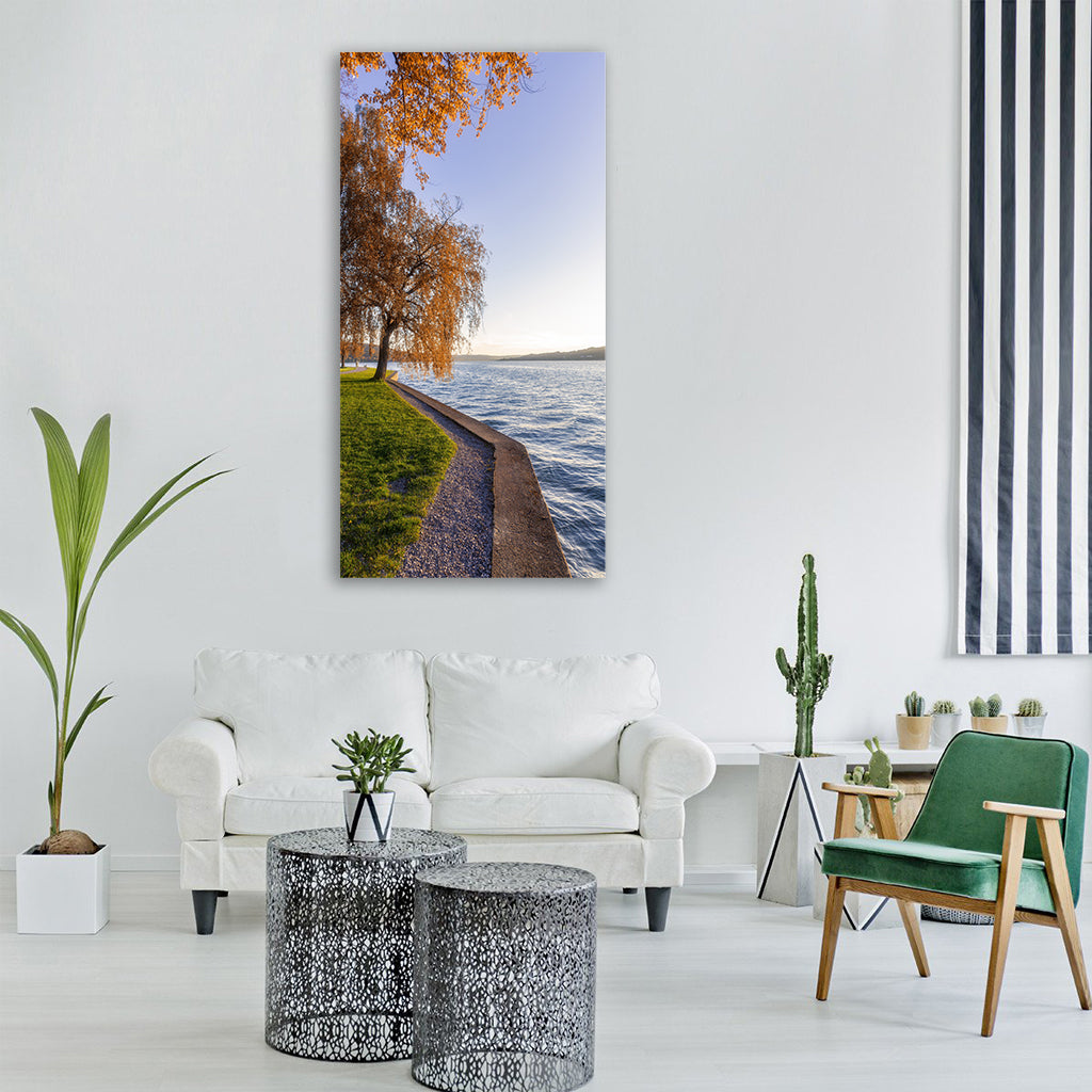 lake bank tree autumn meadow Vertical Canvas Wall Art
