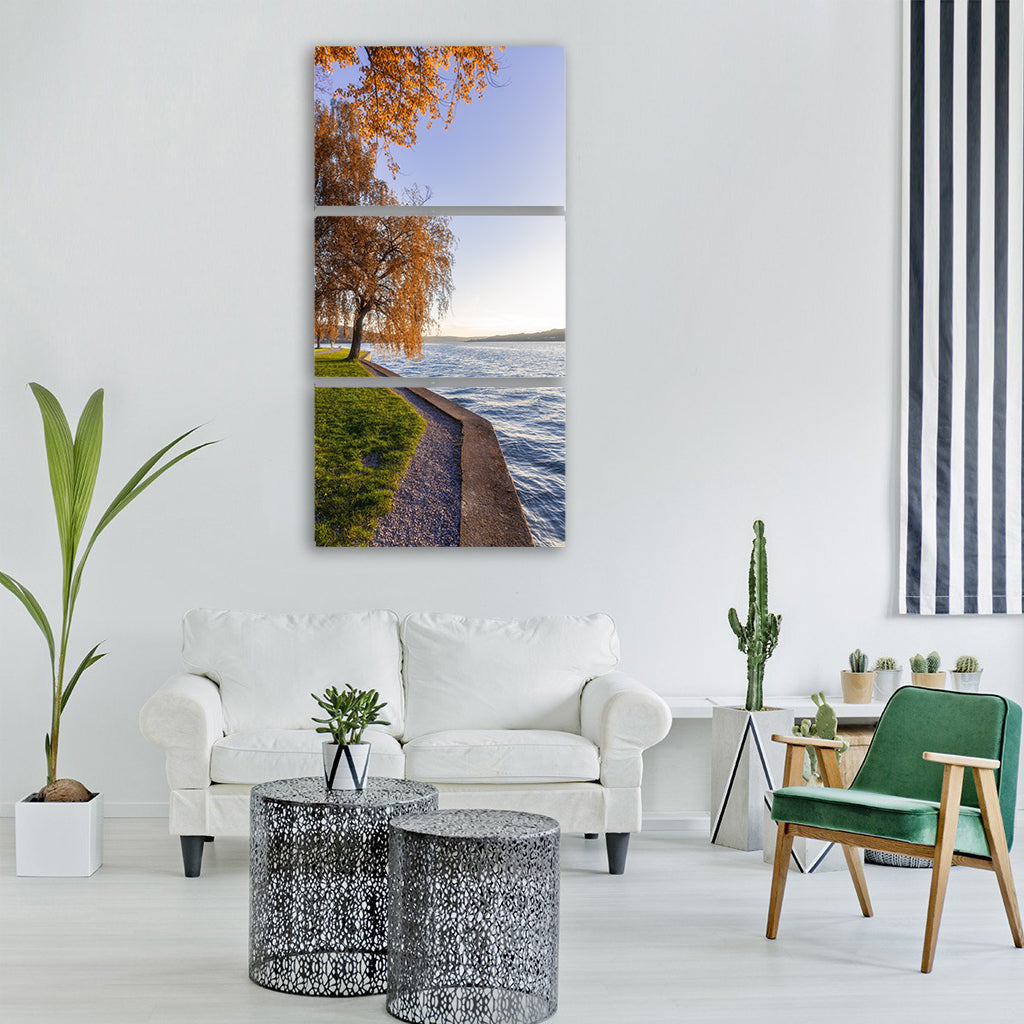 lake bank tree autumn meadow Vertical Canvas Wall Art