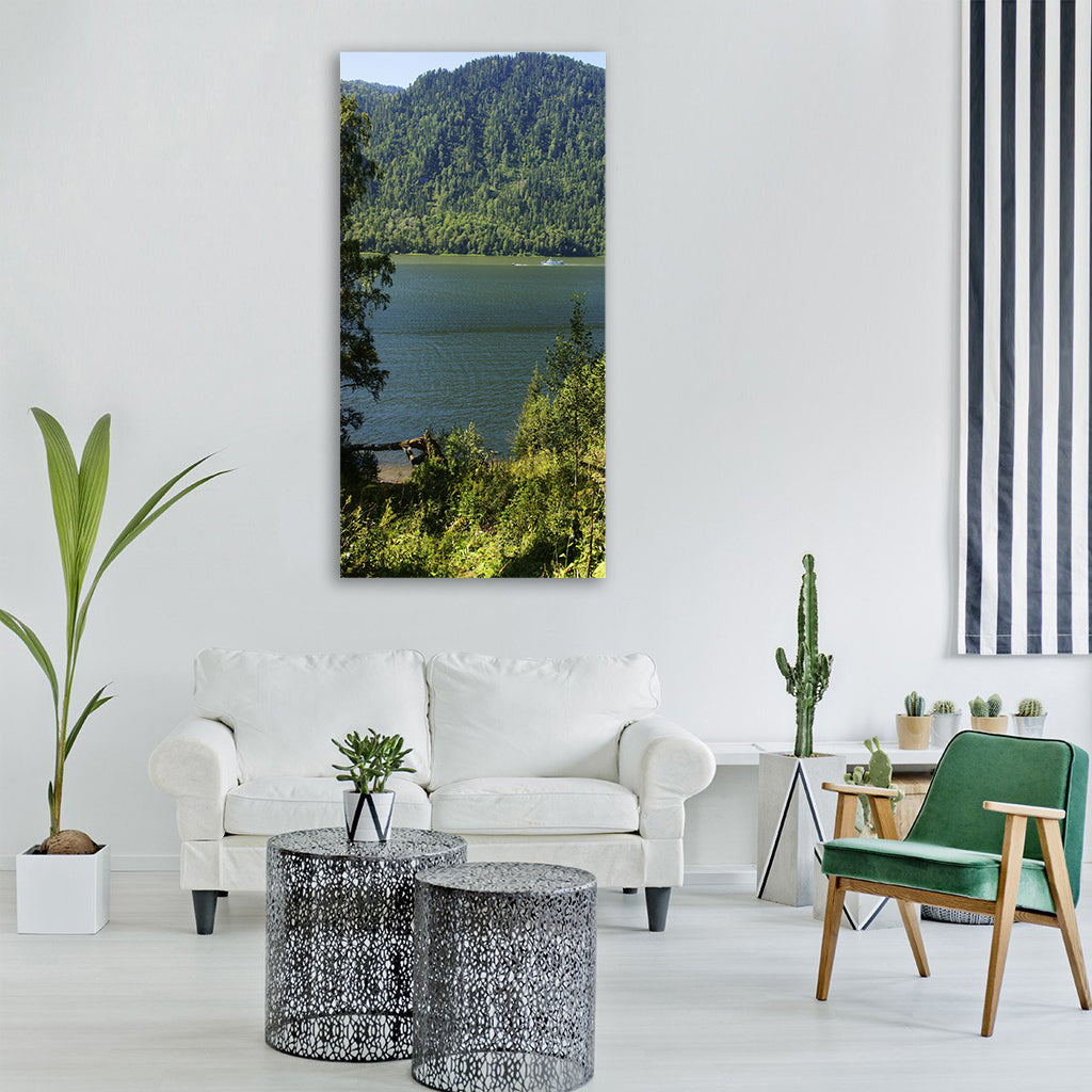 lake teletskoye water sky nature Vertical Canvas Wall Art