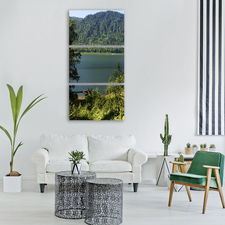 lake teletskoye water sky nature Vertical Canvas Wall Art