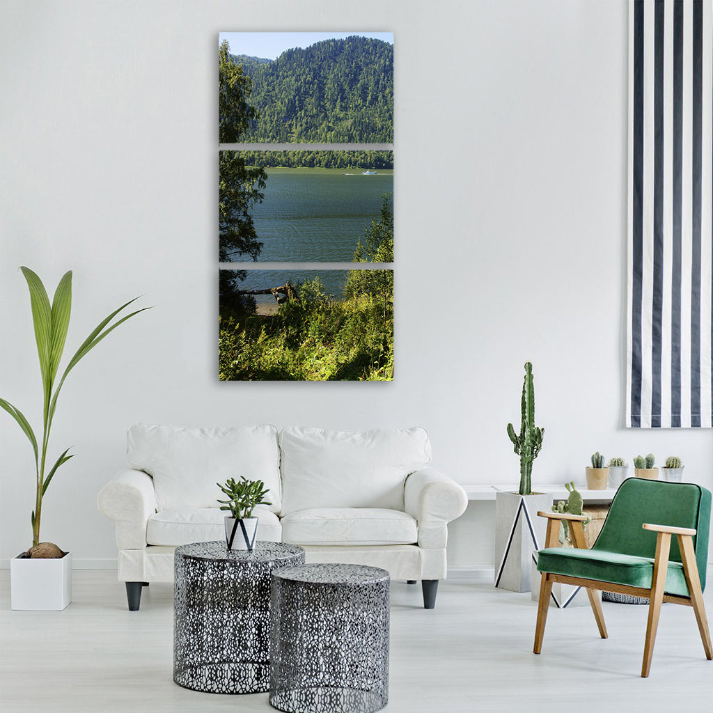 lake teletskoye water sky nature Vertical Canvas Wall Art