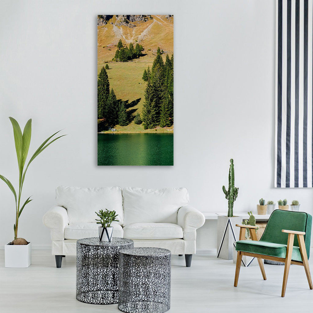 lakeside mountains landscape nature Vertical Canvas Wall Art