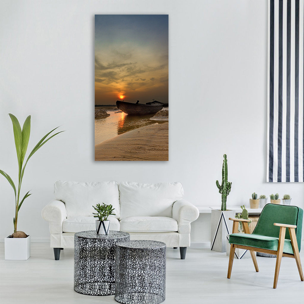 landscape vertical boat sunrise Vertical Canvas Wall Art