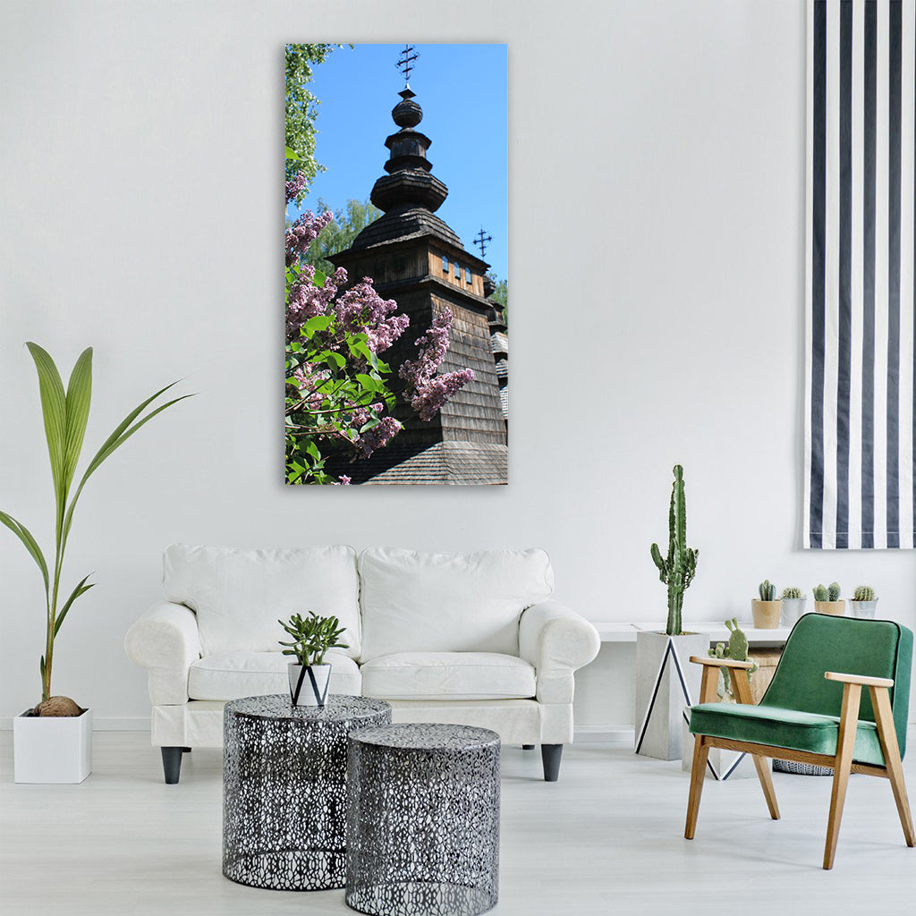 lilac church sky cross spring Vertical Canvas Wall Art
