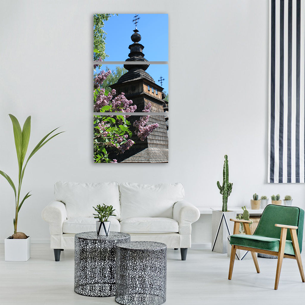 lilac church sky cross spring Vertical Canvas Wall Art