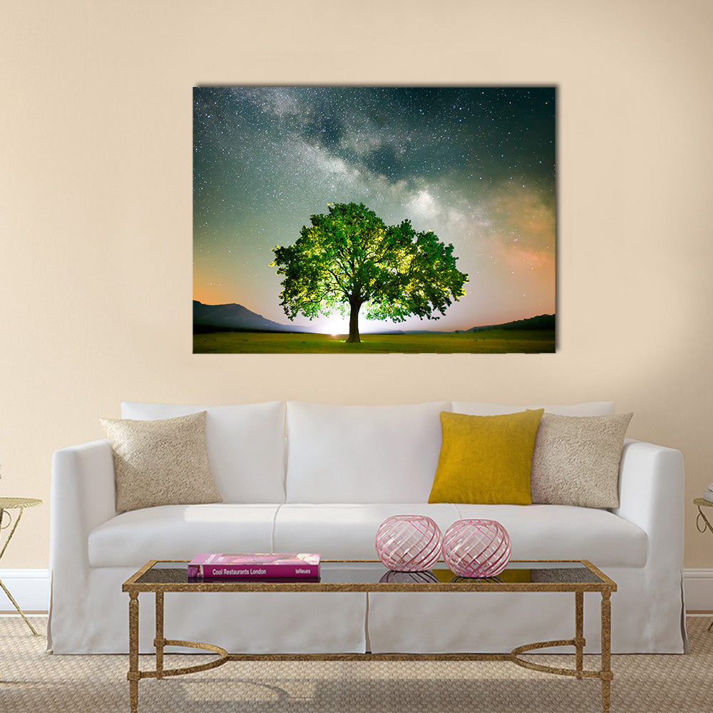 Lonely Tree Under The Shining Stars Of Milky Way In Romania Multi Panel Canvas Wall Art
