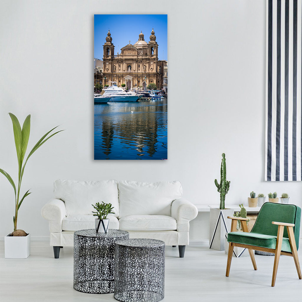 malta sea boat church summer Vertical Canvas Wall Art