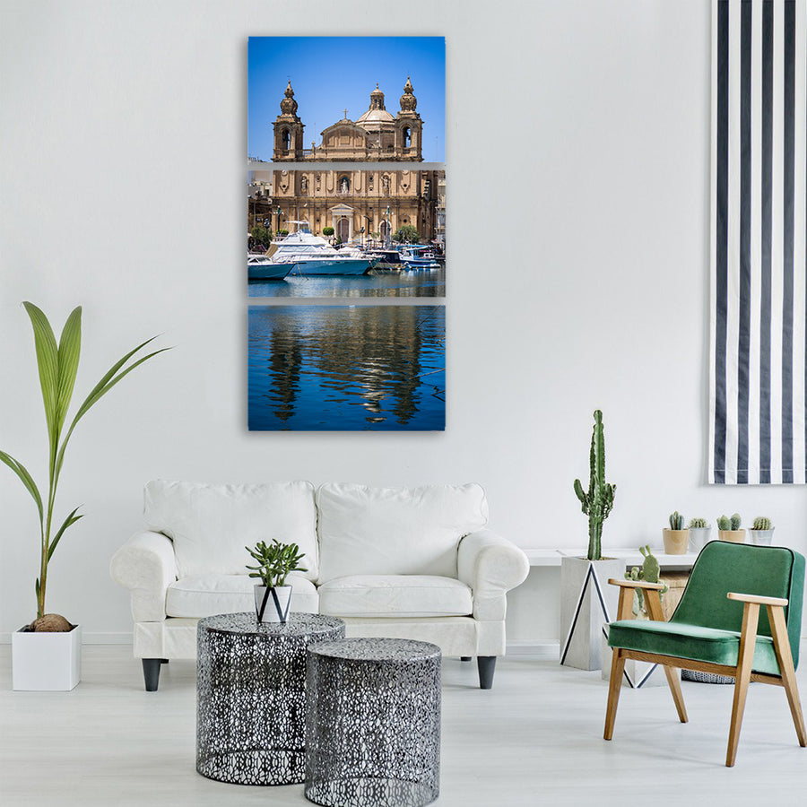malta sea boat church summer Vertical Canvas Wall Art