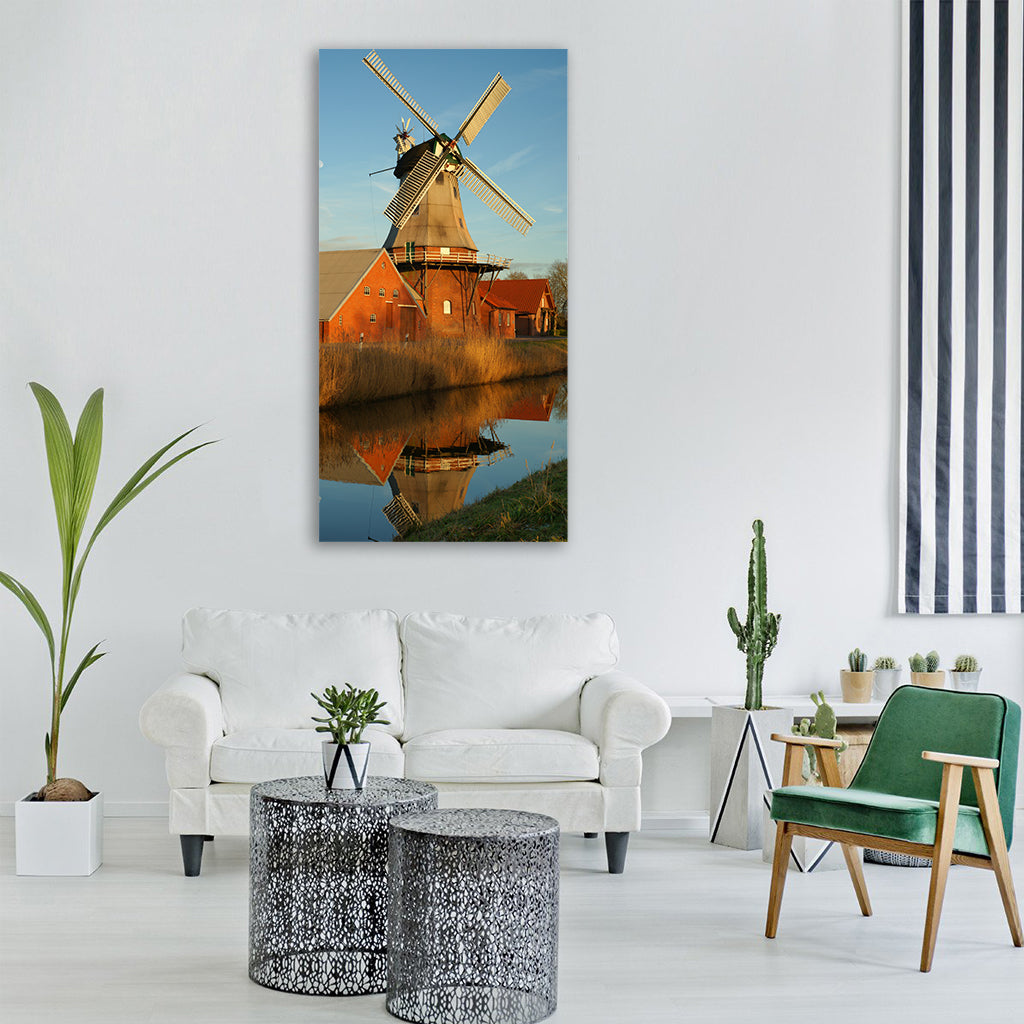 mill mirroring water idyllic sky Vertical Canvas Wall Art