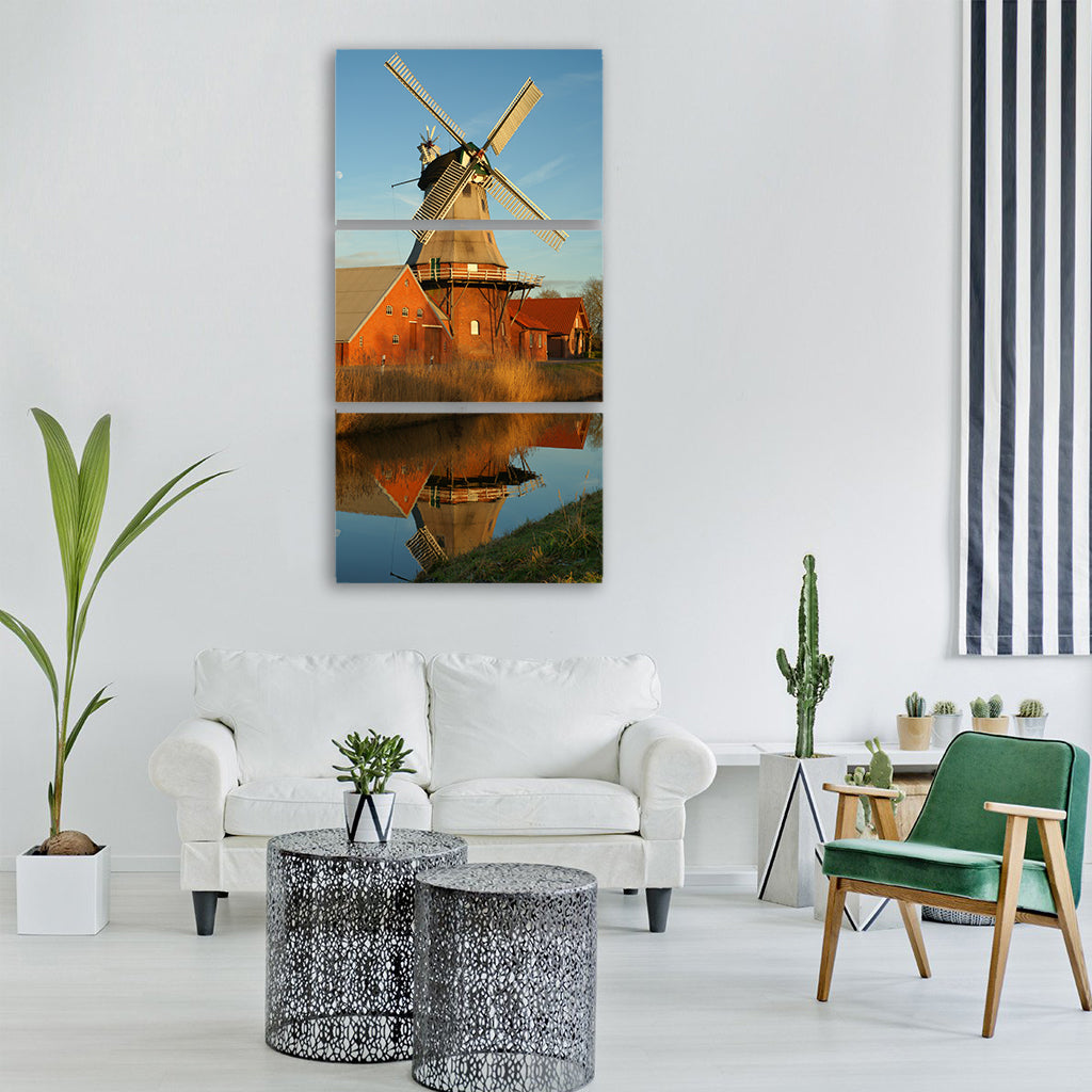 mill mirroring water idyllic sky Vertical Canvas Wall Art