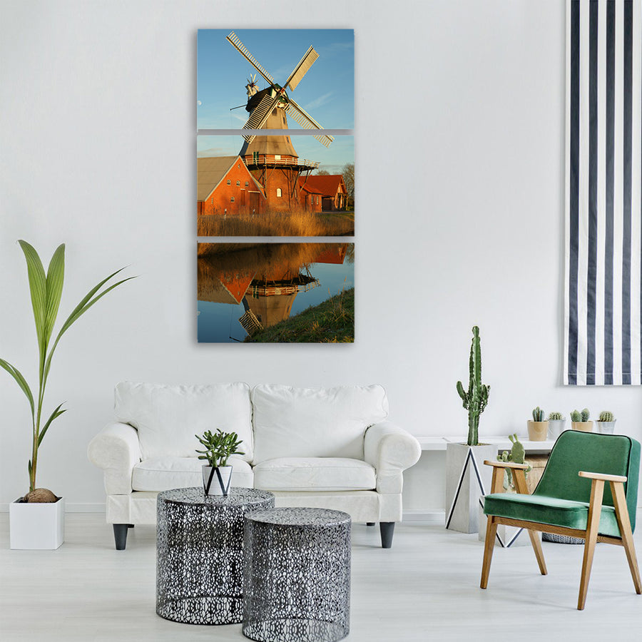 mill mirroring water idyllic sky Vertical Canvas Wall Art