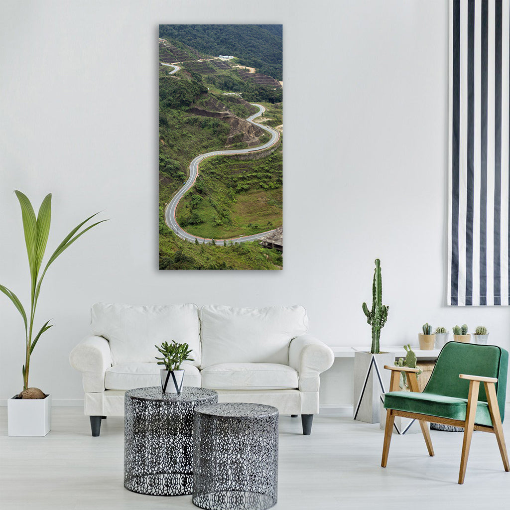 mountain road aerial view curve car Vertical Canvas Wall Art