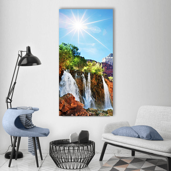 Nature waterfall sun mountains Vertical Canvas Wall Art