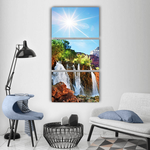 Nature waterfall sun mountains Vertical Canvas Wall Art