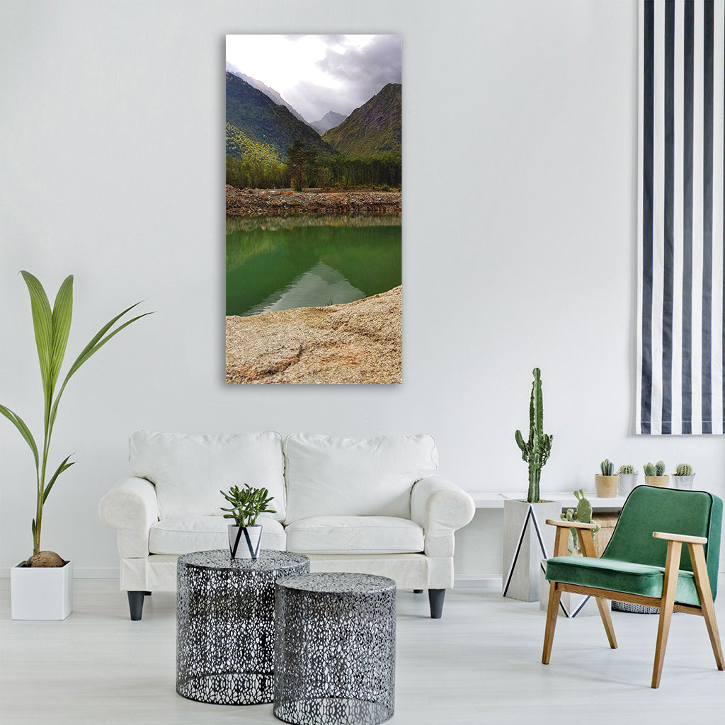 nature lake pond water mountains Vertical Canvas Wall Art
