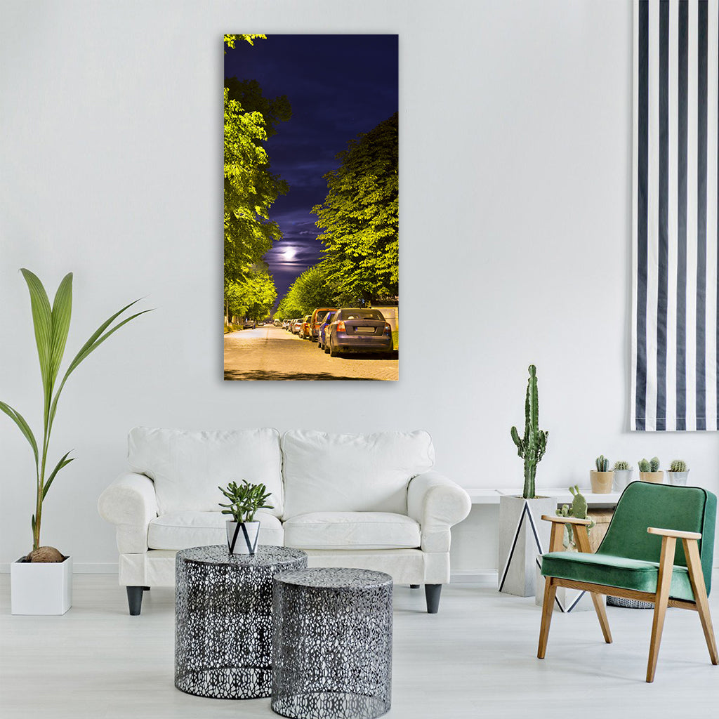 night street paving trees full moon Vertical Canvas Wall Art