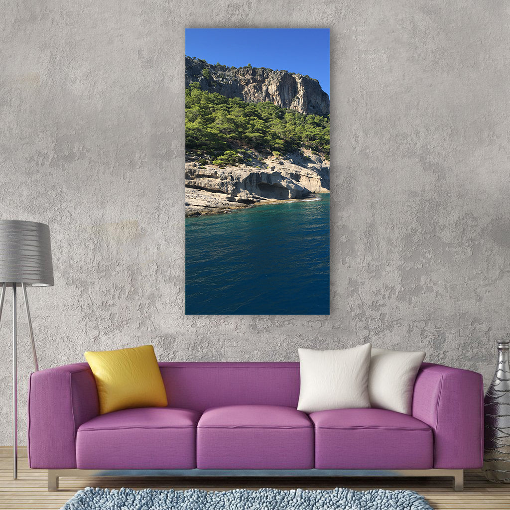 Ocean sea mountains blue skies Vertical Canvas Wall Art