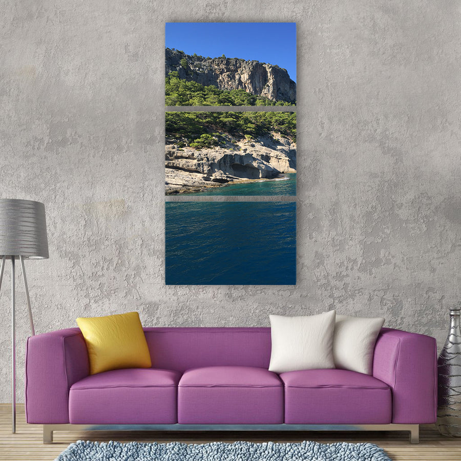 Ocean sea mountains blue skies Vertical Canvas Wall Art