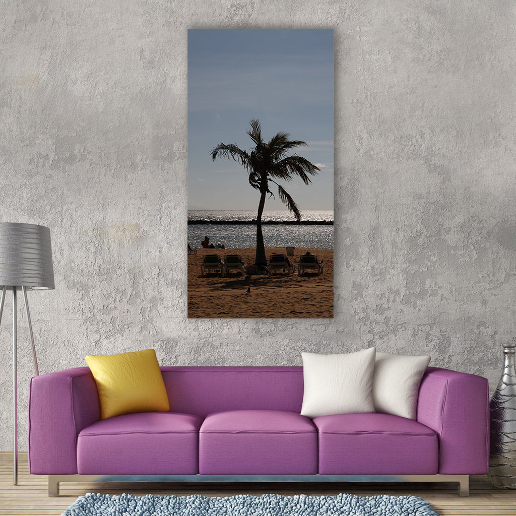 Palm beach tree palm tree sand Vertical Canvas Wall Art