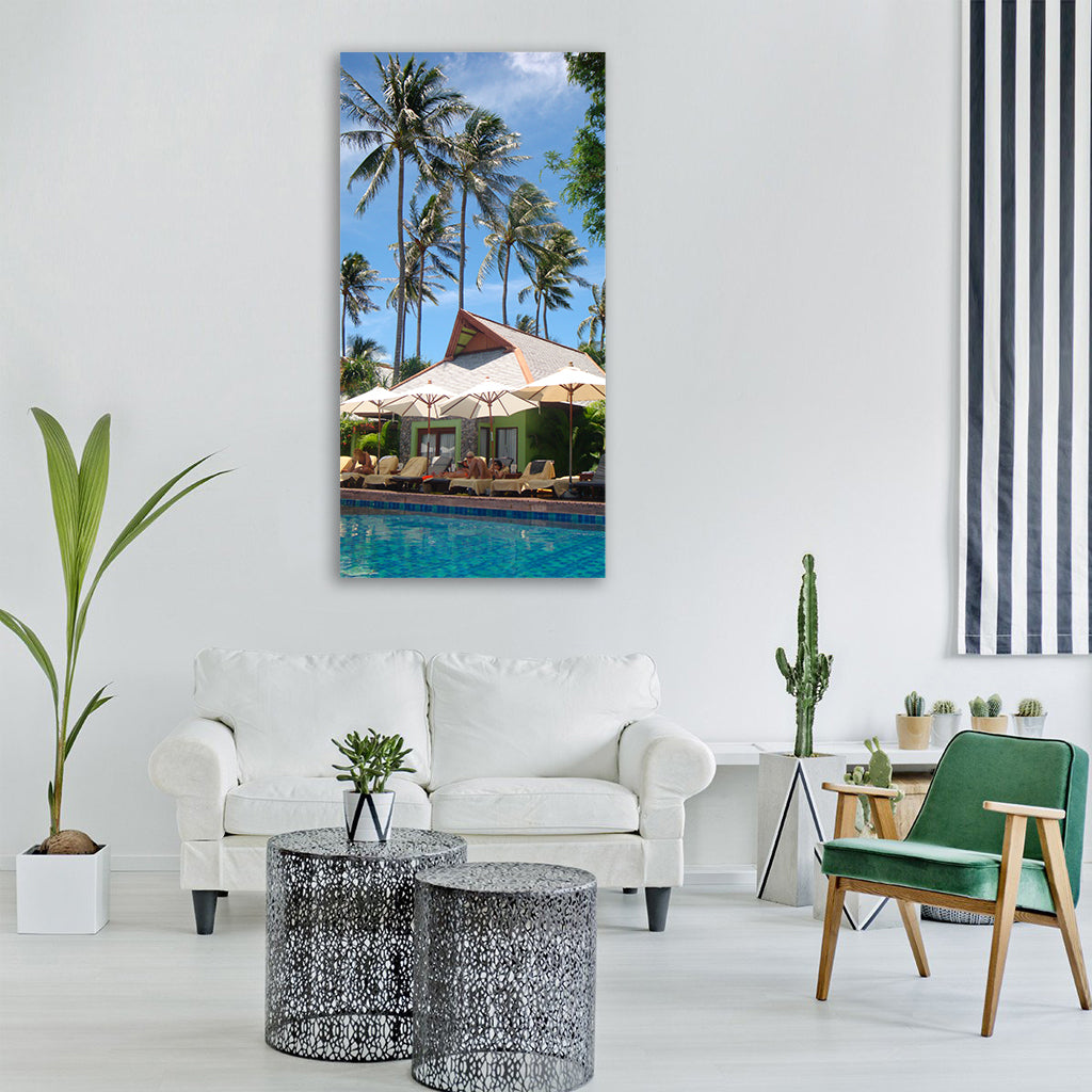 palm trees pool water swimming pool Vertical Canvas Wall Art