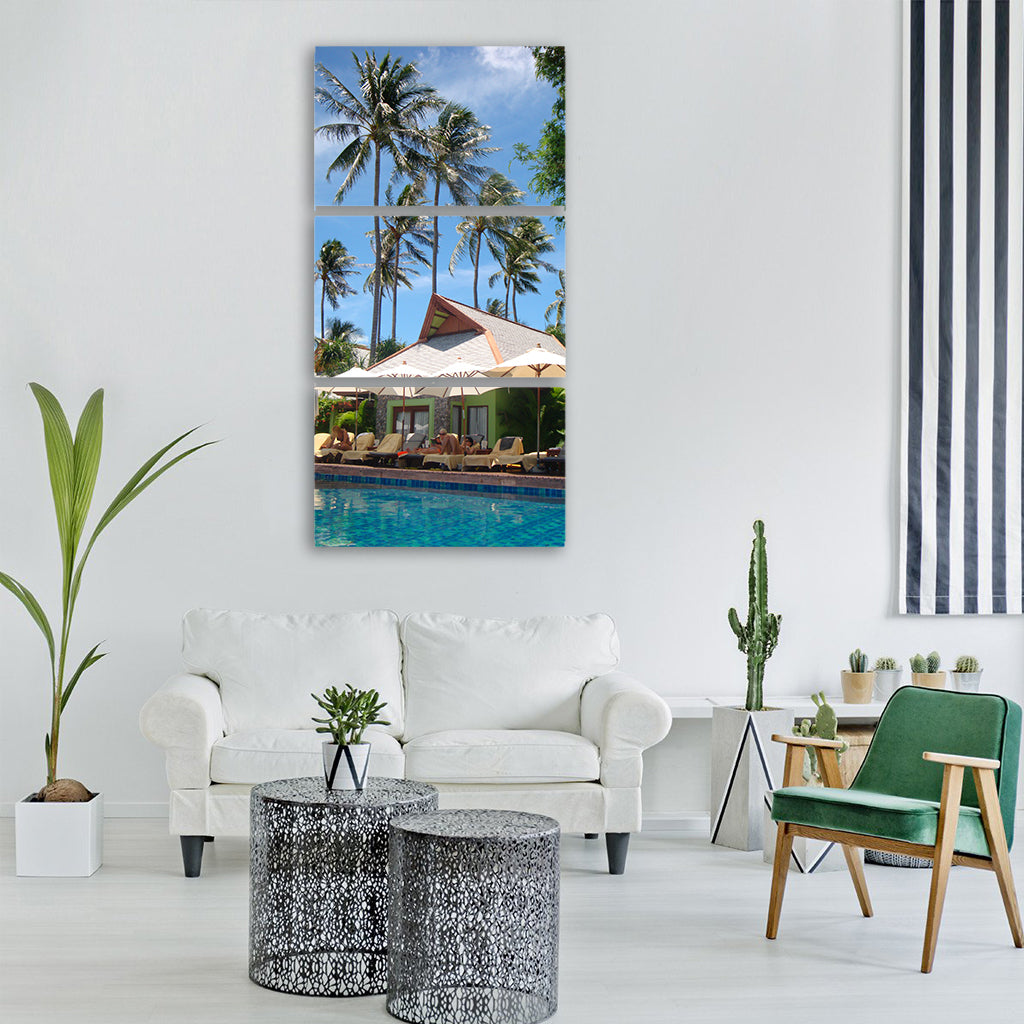 palm trees pool water swimming pool Vertical Canvas Wall Art
