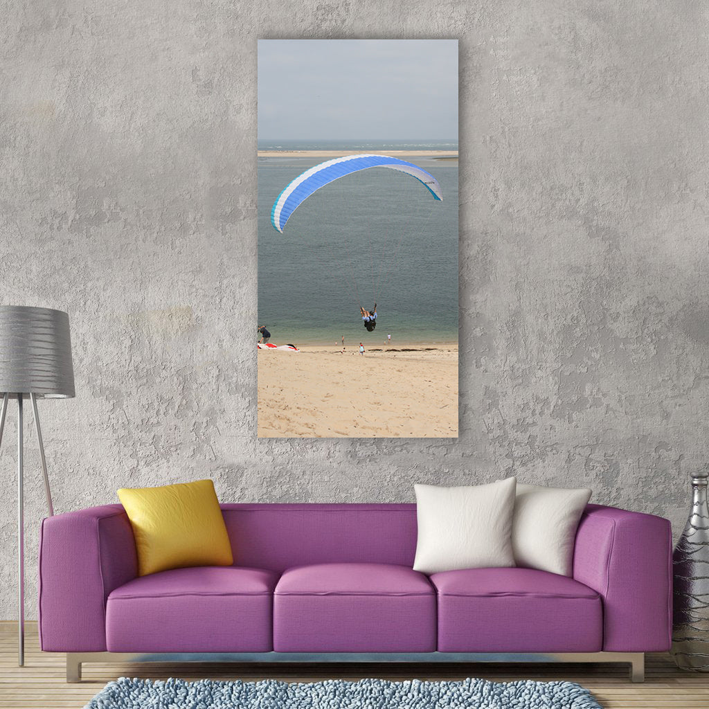 Paragliding beach flying paraglider Vertical Canvas Wall Art