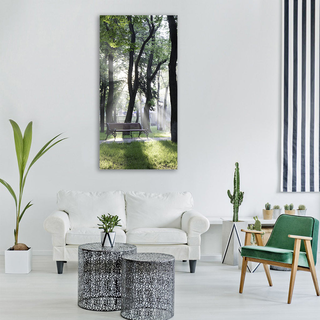 park bench tree sunrise sunlight Vertical Canvas Wall Art