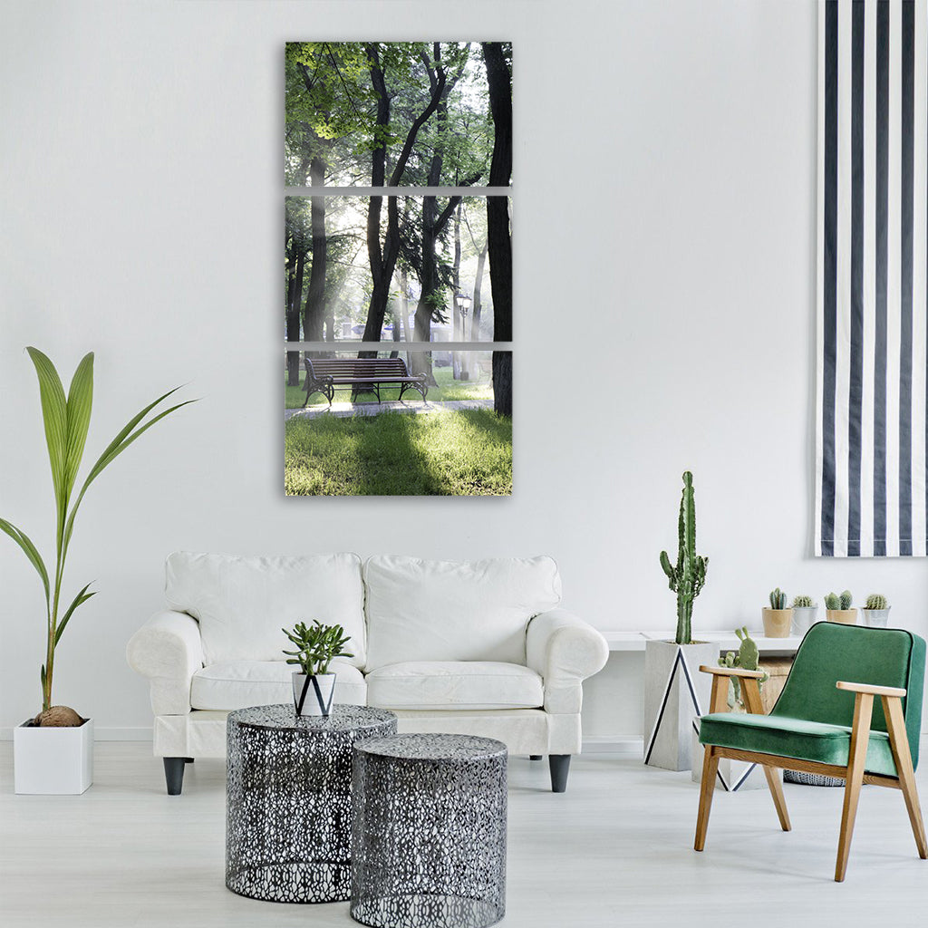 park bench tree sunrise sunlight Vertical Canvas Wall Art