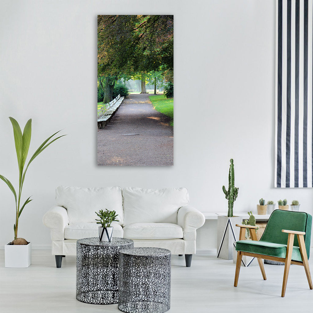 park away bank benches trees tree Vertical Canvas Wall Art