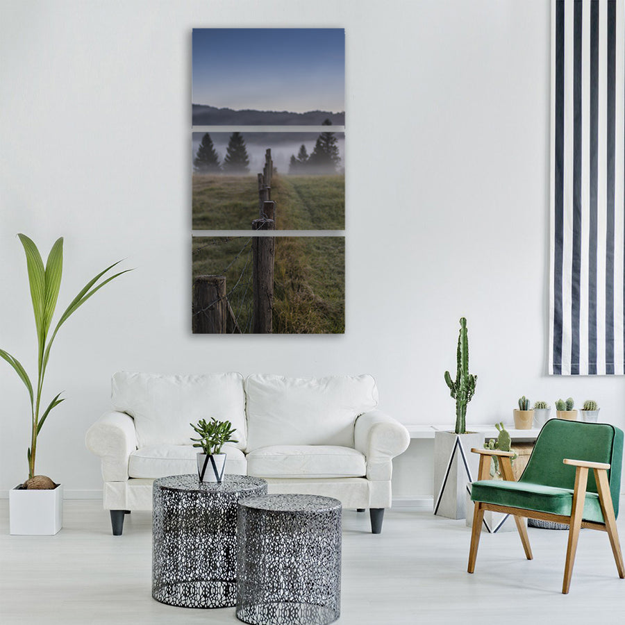pasture fence morning mist fog Vertical Canvas Wall Art