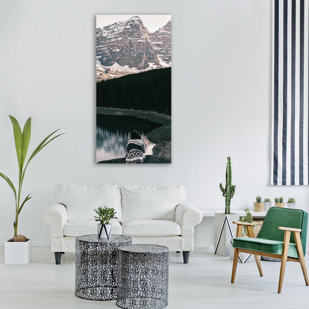 people alone woman girl lake Vertical Canvas Wall Art