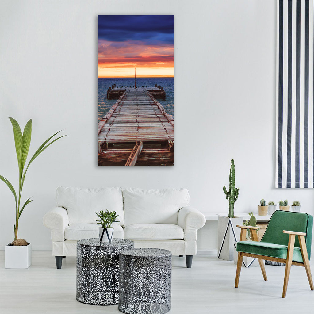 pier jetty ocean water beach sky Vertical Canvas Wall Art