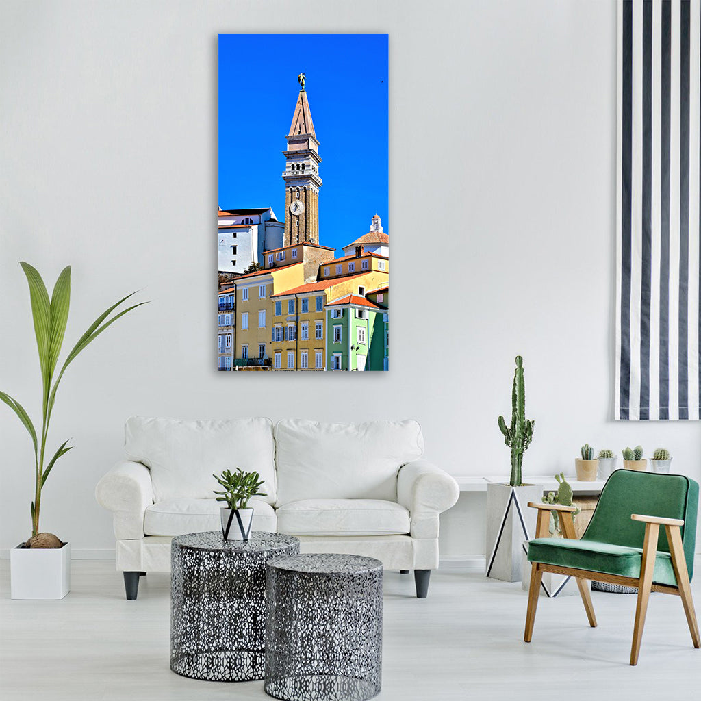 Piran tower space houses sky Vertical Canvas Wall Art