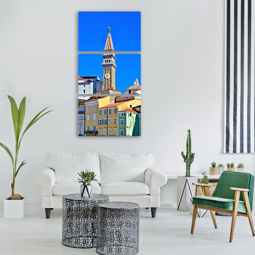 Piran tower space houses sky Vertical Canvas Wall Art