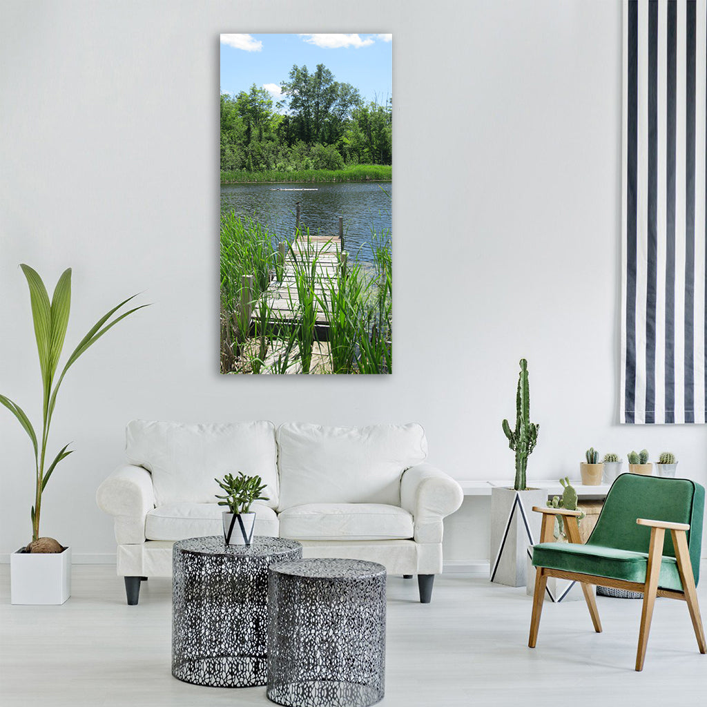 pond dock water lake summer Vertical Canvas Wall Art