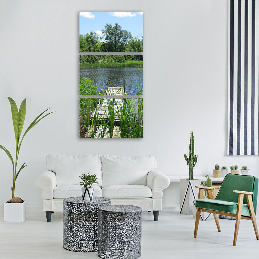 pond dock water lake summer Vertical Canvas Wall Art
