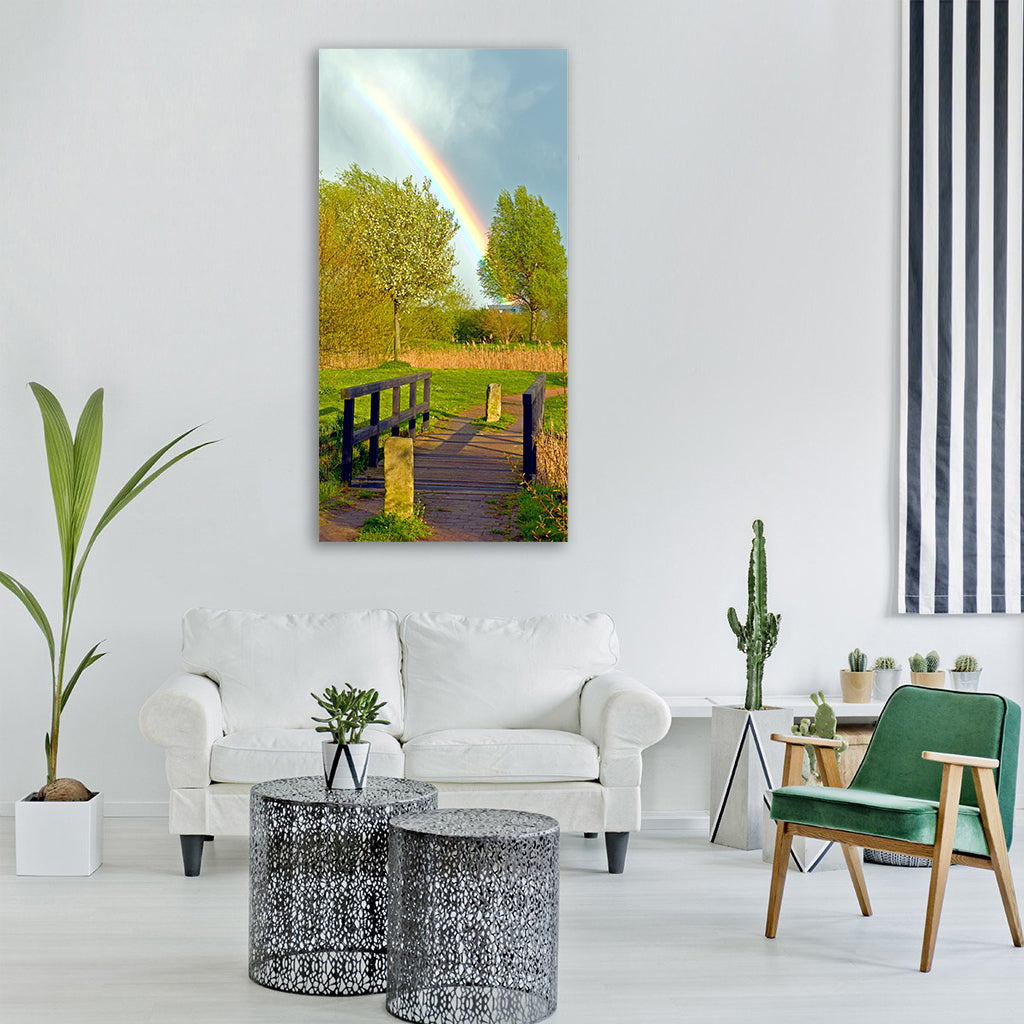 rainbow spring bridge sky clouds Vertical Canvas Wall Art