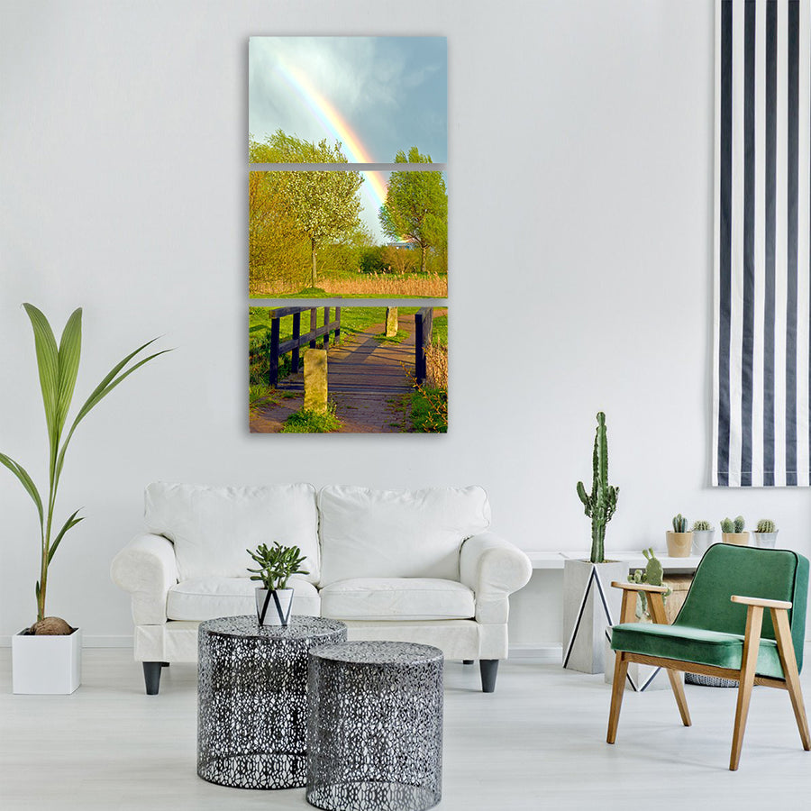 rainbow spring bridge sky clouds Vertical Canvas Wall Art