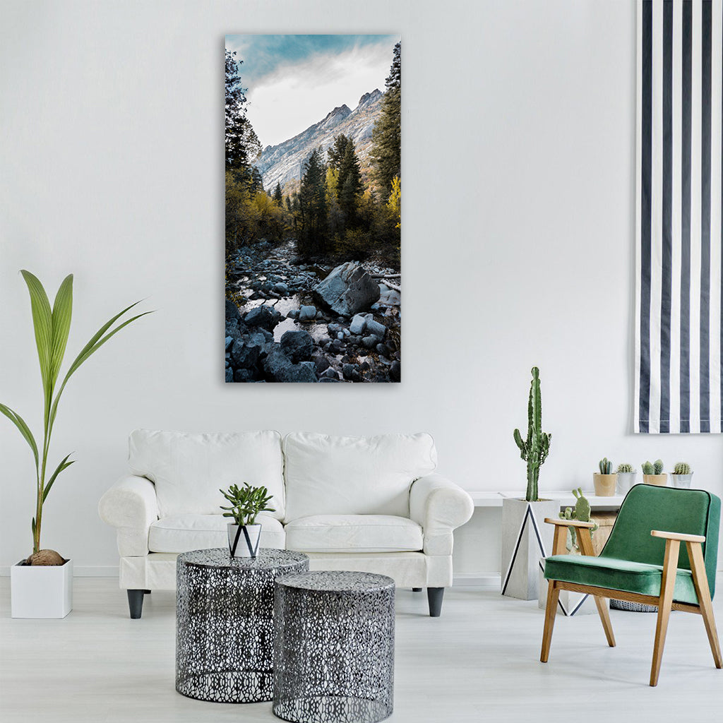 river water rocks green trees Vertical Canvas Wall Art