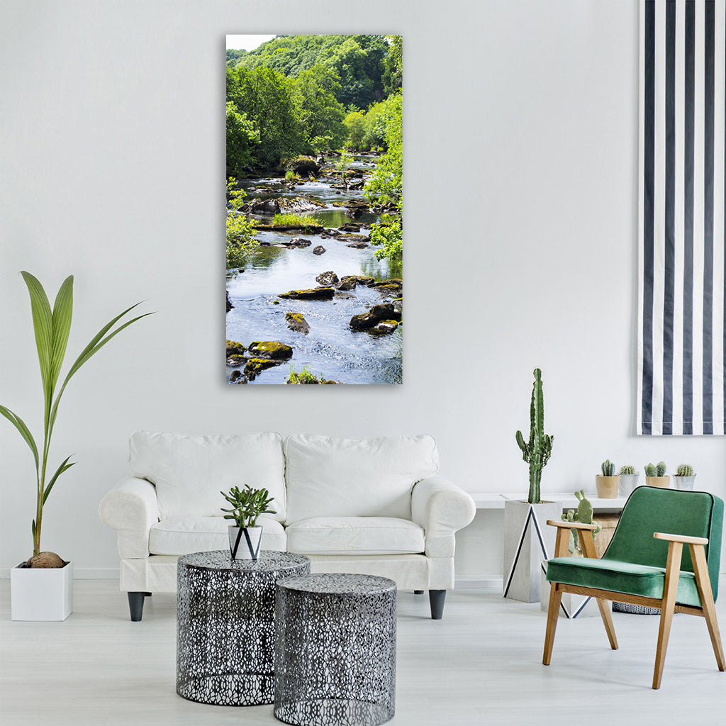 river water green trees stream Vertical Canvas Wall Art